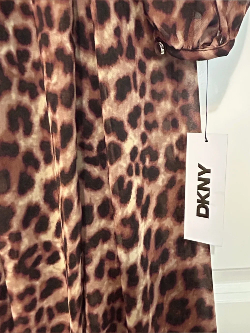 DKNY Chiffon Leopard Print Blouson Sleeve Empire Waist Dress - Picture 12 of 16